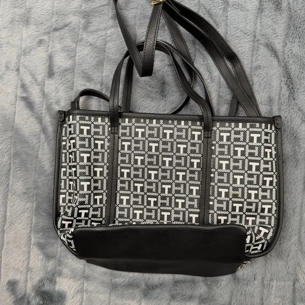 Tommy Hilfiger Crossbody Tote Womens Medium Black White Monogram Jacquard Bag